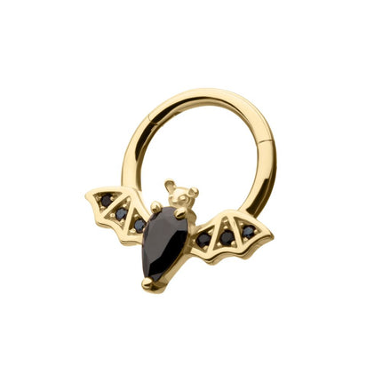 Invictus 14Kt Gold Flying Bat with Prong Set Black Gem Front Facing Hinged Segment Clicker