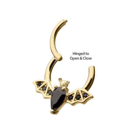Invictus 14Kt Gold Flying Bat with Prong Set Black Gem Front Facing Hinged Segment Clicker