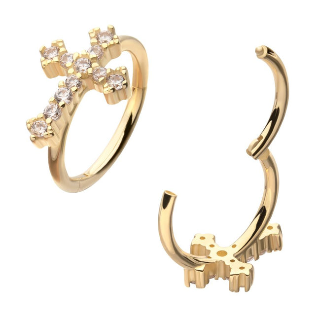 Invictus 14kt Yellow Gold Antique Cross with Prong Set Gem Side Facing Hinged Segment Clicker