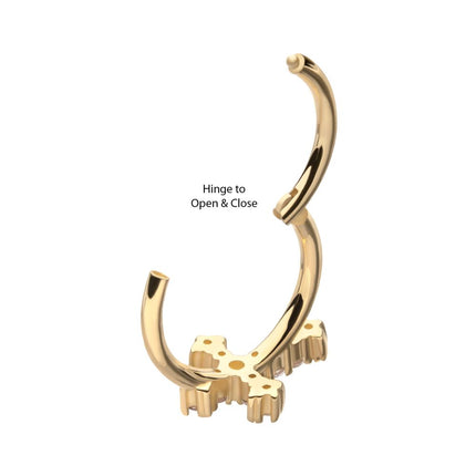 Invictus 14kt Yellow Gold Antique Cross with Prong Set Gem Side Facing Hinged Segment Clicker