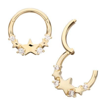 Invictus 14Kt Yellow Gold Triple Staggered Star with Prong Set Gem Front Facing Hinged Segment Clicker