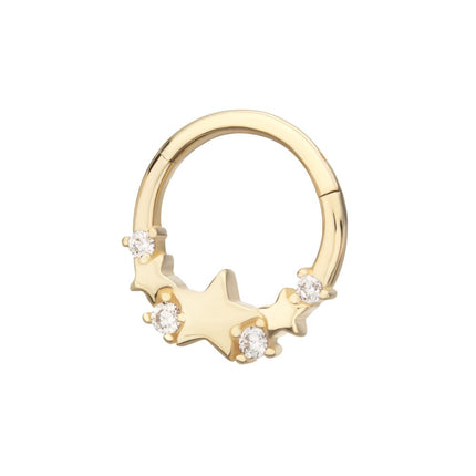 Invictus 14Kt Yellow Gold Triple Staggered Star with Prong Set Gem Front Facing Hinged Segment Clicker