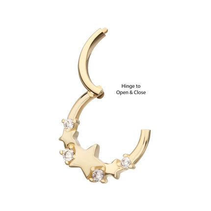 Invictus 14Kt Yellow Gold Triple Staggered Star with Prong Set Gem Front Facing Hinged Segment Clicker