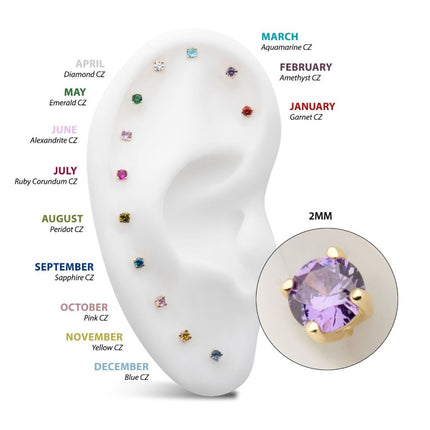 Invictus 14Kt Gold Prong Set 2mm Solitaire Birthstone Stud Earrings