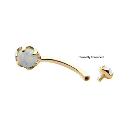 Invictus 14Kt Yellow Gold Internally Threaded Double Round 6-Prong White Opal Fixed Bottom Navel
