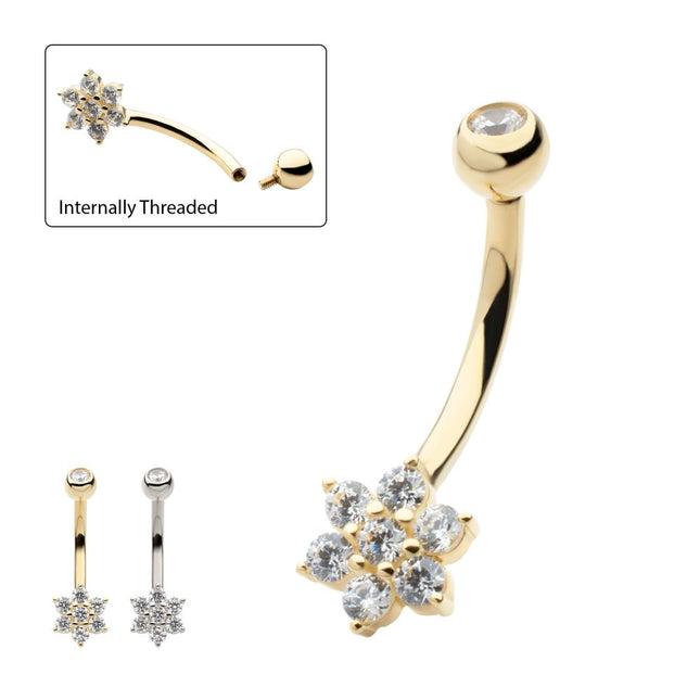 Invictus 14Kt Gold Internally Threaded Round Clear CZ Flower Shape Fixed Bottom Navel