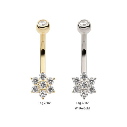 Invictus 14Kt Gold Internally Threaded Round Clear CZ Flower Shape Fixed Bottom Navel