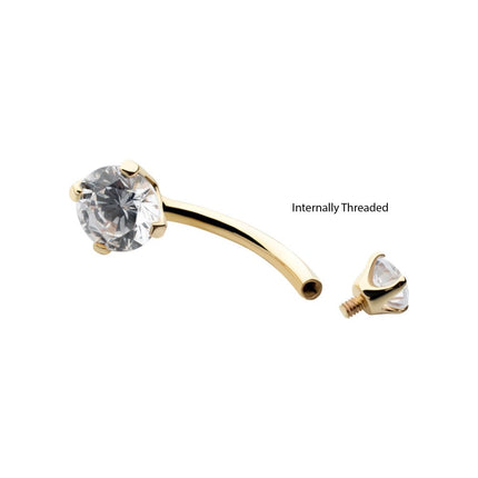 Invictus 14Kt Gold Internally Threaded Double Round 4-Prong Clear CZ Fixed Bottom Navel