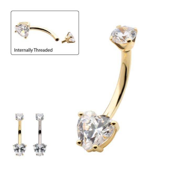 Invictus 14Kt Gold Internally Threaded 4-Prong Round & Heart Clear CZ Fixed Bottom Navel