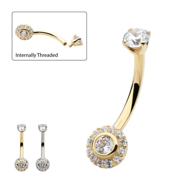 Invictus 14Kt Gold Internally Threaded Multi Clear CZ Flower Shape Fixed Bottom Navel