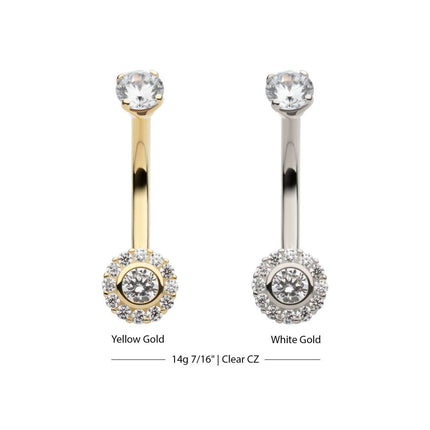 Invictus 14Kt Gold Internally Threaded Multi Clear CZ Flower Shape Fixed Bottom Navel