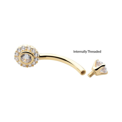 Invictus 14Kt Gold Internally Threaded Multi Clear CZ Flower Shape Fixed Bottom Navel