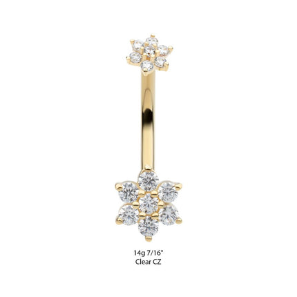 Invictus 14Kt Yellow Gold Internally Threaded Pronged Round Clear CZ Double Flower Shape Fixed Bottom Navel