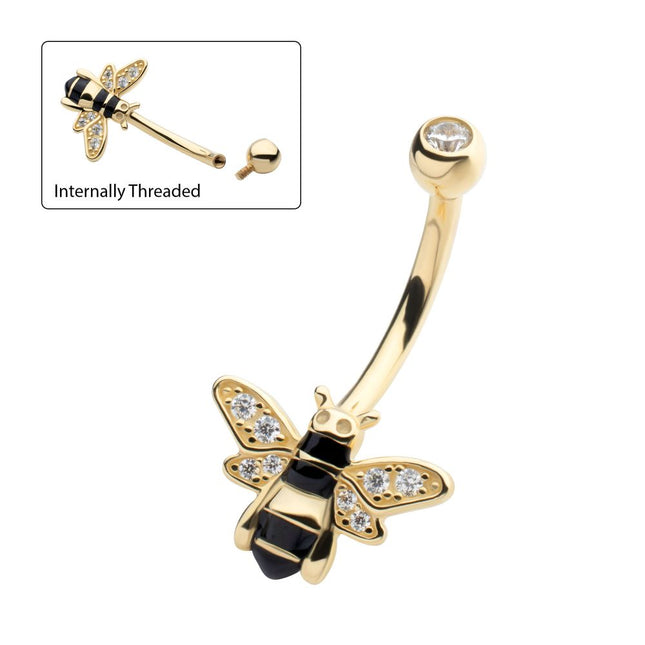 Invictus 14Kt Yellow Gold Internally Threaded Pave Set Round Clear CZ Enamel Bee Fixed Bottom Navel