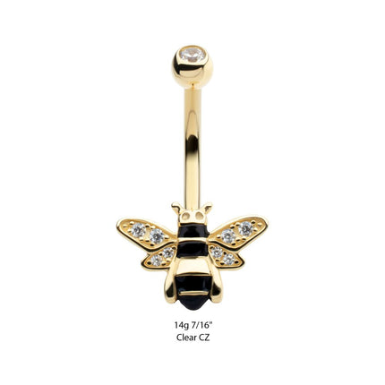 Invictus 14Kt Yellow Gold Internally Threaded Pave Set Round Clear CZ Enamel Bee Fixed Bottom Navel