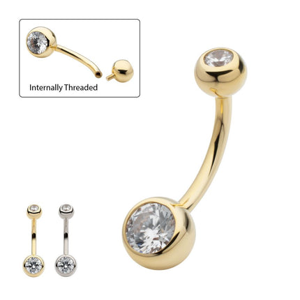 Invictus 14Kt Gold Internally Threaded Double Round Bezel Clear CZ Fixed Bottom Navel