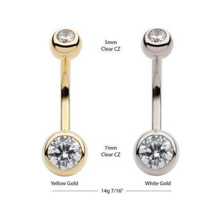Invictus 14Kt Gold Internally Threaded Double Round Bezel Clear CZ Fixed Bottom Navel