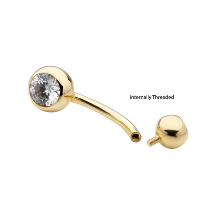 Invictus 14Kt Gold Internally Threaded Double Round Bezel Clear CZ Fixed Bottom Navel