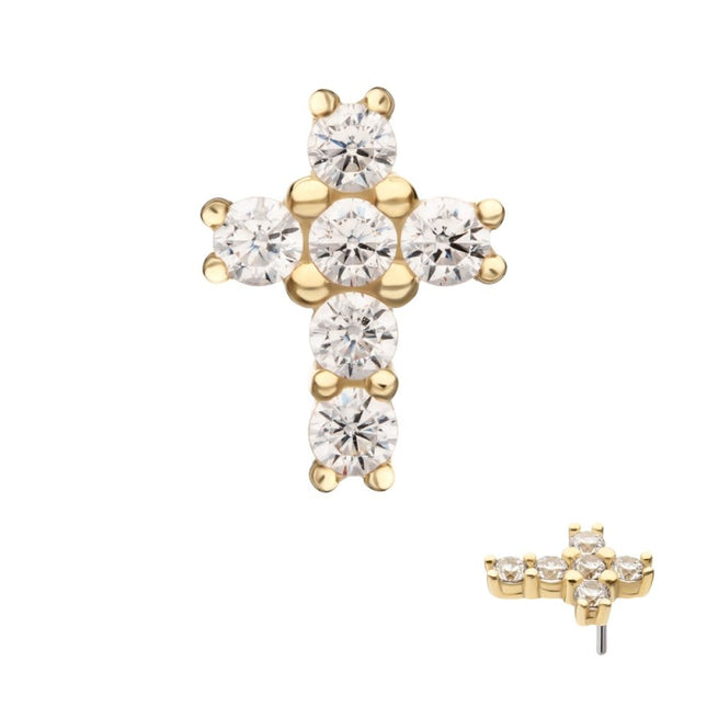 Invictus 14kt Yellow Gold Threadless Prong Set Multi-Clear CZ Cross Top