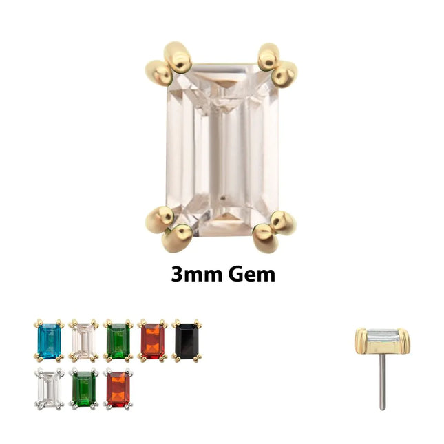 Invictus 14Kt Gold Threadless 3mm Emerald Cut Prong Set Gem Top