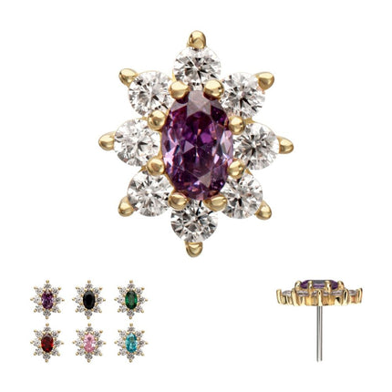 Invictus 14Kt Yellow Gold Threadless "Regalia Oval" CZ Gem Flower Top