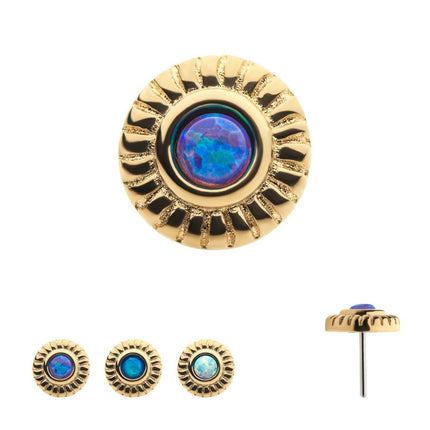Invictus 14Kt Yellow Gold Threadless with Bezel Set Synthetic Opal Fine Line Scalloped Edge Top