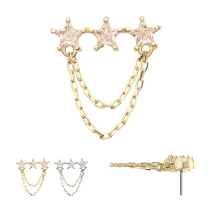 Invictus 14Kt Gold Threadless Triple Cluster Star CZ Gem Top with 2-Tier Chain Dangle