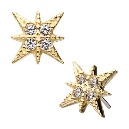 Invictus 14Kt Yellow Gold Threadless with 4-Clear Gem 8-Point Star Top