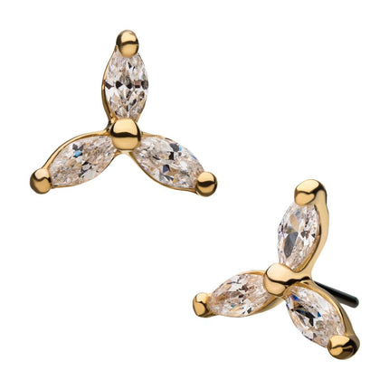 Invictus 14Kt Yellow Gold Threadless Pronged Marquise CZ Trinity Top