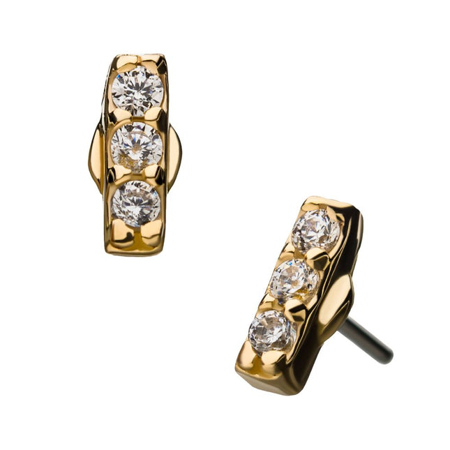 Invictus 14Kt Yellow Gold Threadless with 3-Clear Gem Bar Top