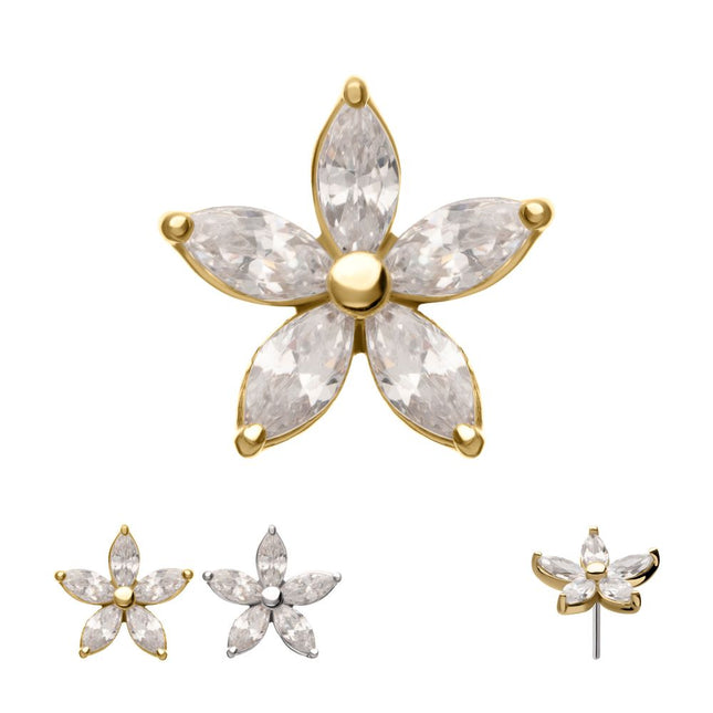 Invictus 14Kt Gold Threadless Flower Top with 5 Petal Marquise Prong Set Gem
