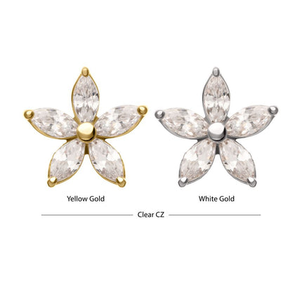 Invictus 14Kt Gold Threadless Flower Top with 5 Petal Marquise Prong Set Gem