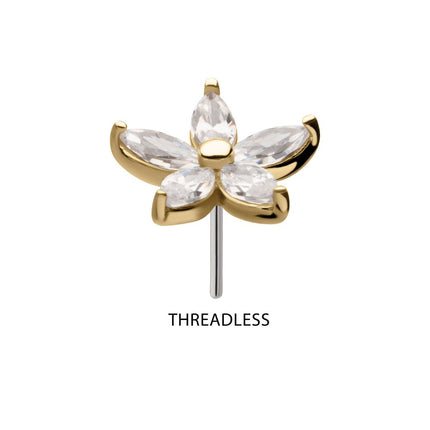 Invictus 14Kt Gold Threadless Flower Top with 5 Petal Marquise Prong Set Gem