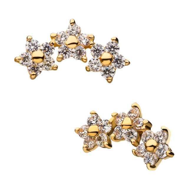 Invictus 14Kt Yellow Gold Threadless 3-Curved Cluster Pronged Round CZ Flower Top