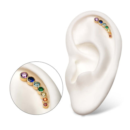 Invictus 14Kt Yellow Gold Threadless with Bezel Set  Rainbow CZ 7-Cluster Top (Left Ear)