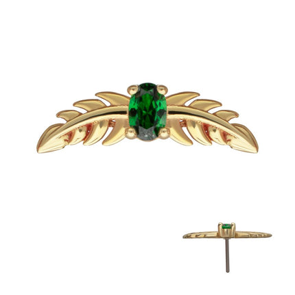 Invictus 14Kt Yellow Gold Threadless Prong Set Emerald Gem Two Sculpted Leaves Top