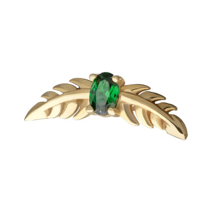 Invictus 14Kt Yellow Gold Threadless Prong Set Emerald Gem Two Sculpted Leaves Top