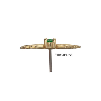 Invictus 14Kt Yellow Gold Threadless Prong Set Emerald Gem Two Sculpted Leaves Top