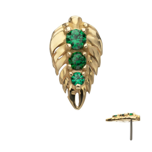 Invictus 14Kt Yellow Gold Threadless Prong Set Emerald Gem Grove Leaf Top