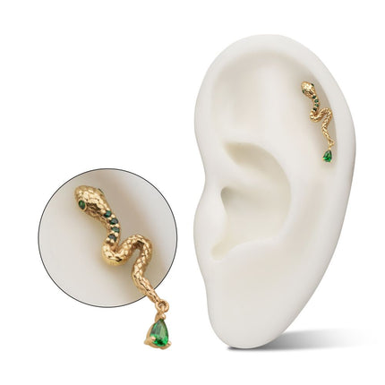 Invictus 14Kt Yellow Gold Threadless Enchanted Serpent Top with Teardrop Emerald Dangle