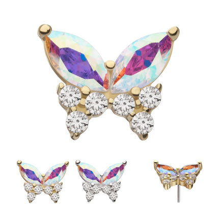 Invictus 14Kt Gold Threadless Butterfly with Prong Set Double Marquise & Triple Round Gem Top