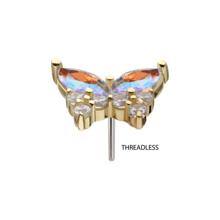 Invictus 14Kt Gold Threadless Butterfly with Prong Set Double Marquise & Triple Round Gem Top