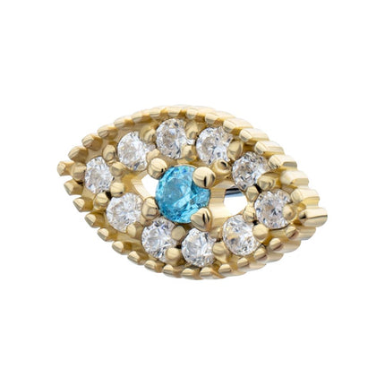Invictus 14Kt Yellow Gold Threadless Beaded Edge Cut Out Evil Eye Aqua Gem Top with Paved Clear CZ Gem