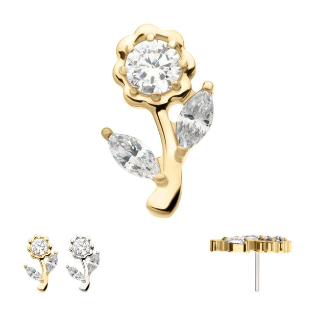 Invictus 14Kt Gold Threadless Rose Flower & Stem Top with Prong Set Rond & Marquise Gem