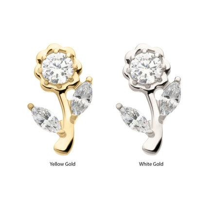 Invictus 14Kt Gold Threadless Rose Flower & Stem Top with Prong Set Rond & Marquise Gem
