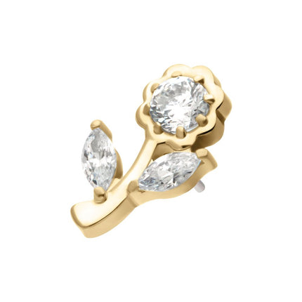 Invictus 14Kt Gold Threadless Rose Flower & Stem Top with Prong Set Rond & Marquise Gem