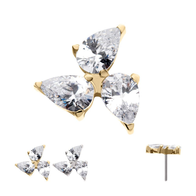 Invictus 14Kt Gold Threadless Triple Teardrop Prong Set Gem Top