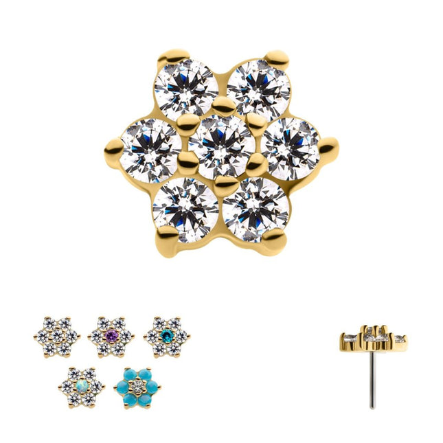 Invictus 14Kt Yellow Gold Threadless with 6 Prong Set Clear CZ and Centerpiece CZ/Synthetic Opal Flower Top
