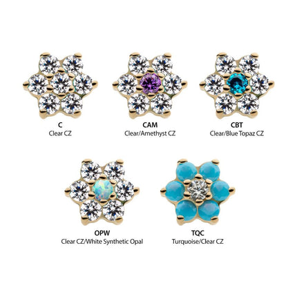 Invictus 14Kt Yellow Gold Threadless with 6 Prong Set Clear CZ and Centerpiece CZ/Synthetic Opal Flower Top