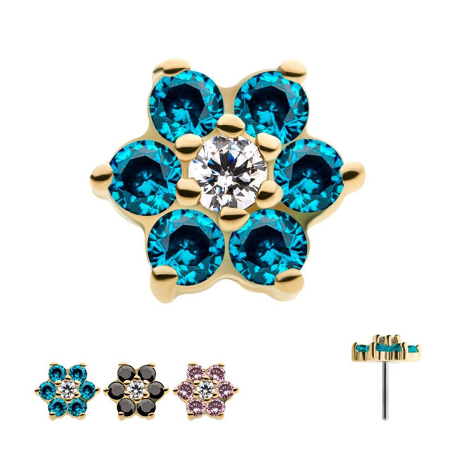 Invictus 14Kt Yellow Gold Threadless with 6 Prong Set CZ and Centerpiece Clear CZ Flower Top